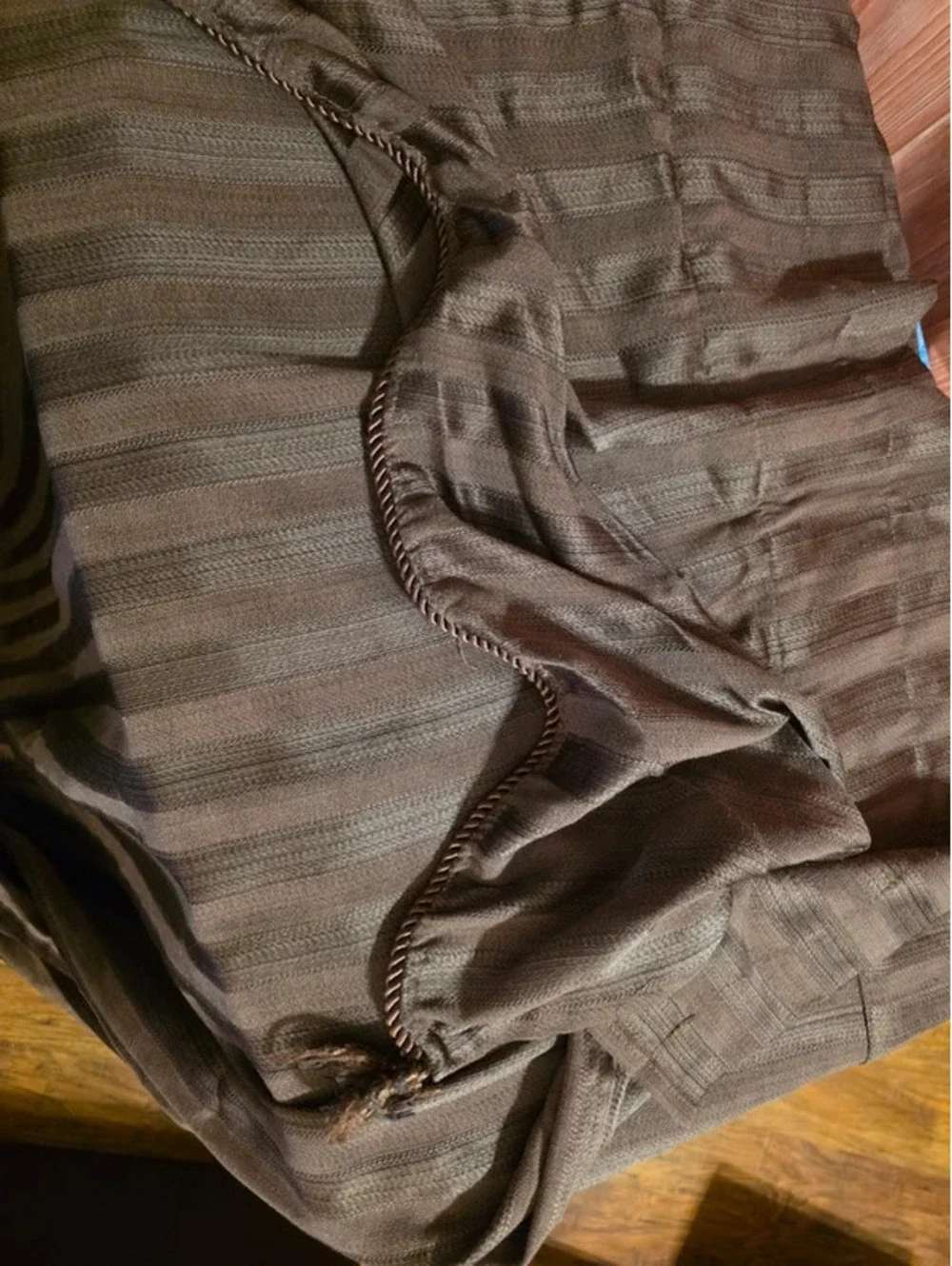 Vintage Traditional Brown Tonal Stripe Curtain Panel Drapes Corded Trim Set